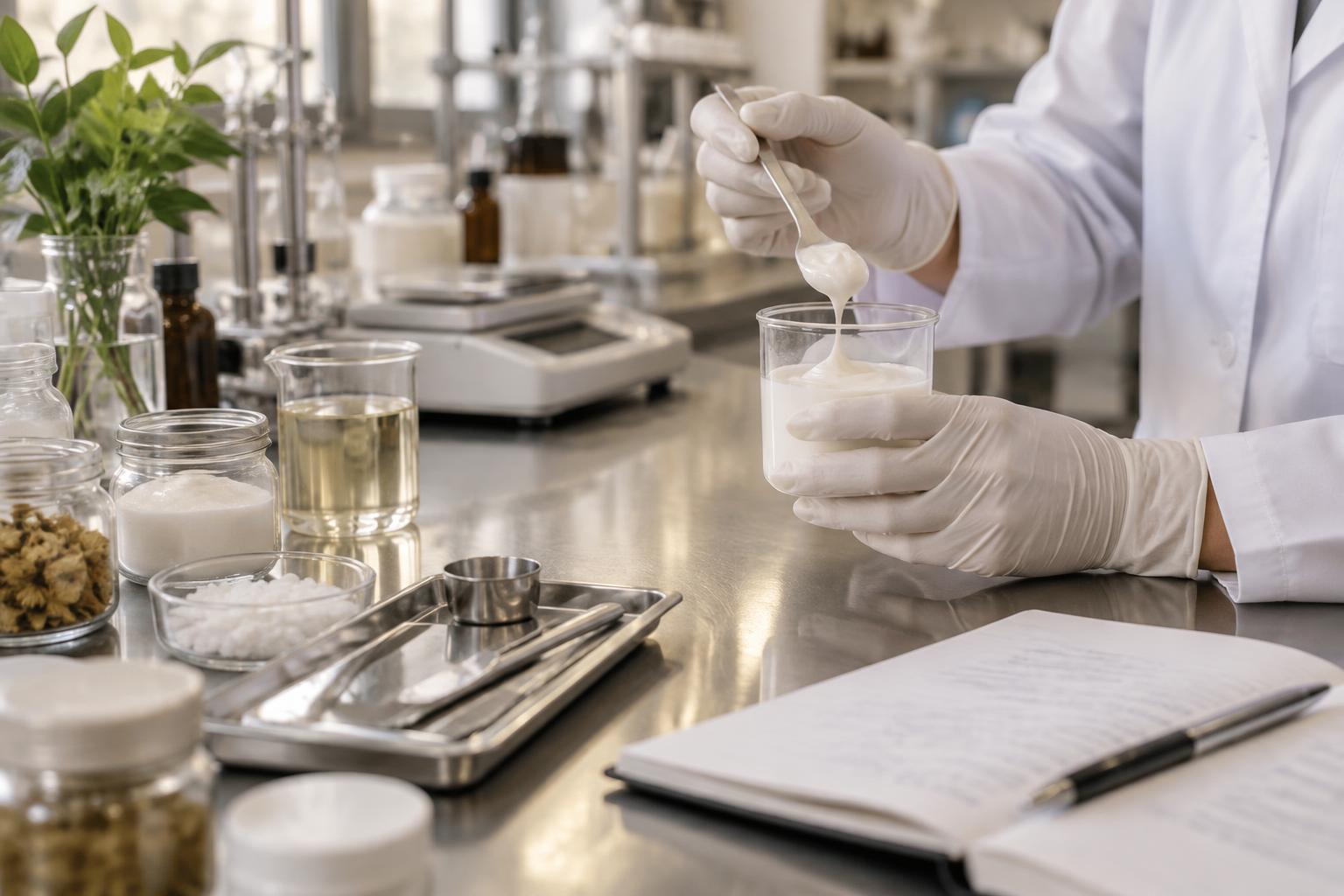 Profissional avaliando uma amostra de creme durante o desenvolvimento de um cosmético